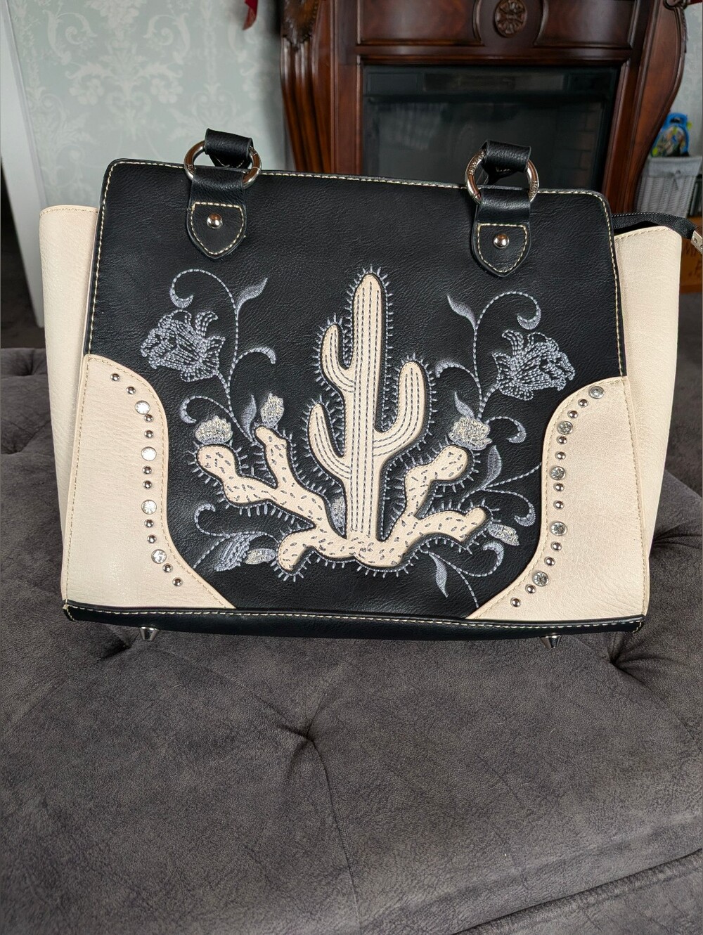 PU Leather Handbag Montana West Black and Cream Cactus Concealed Carry.
